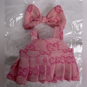 Pink Fashion Labubu GG Patterned 2 piece Macaron outfit Dress and Bow Brand New